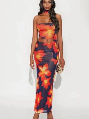 Floral Strapless Crop Top & Maxi Skirt Set in Navy and Orange